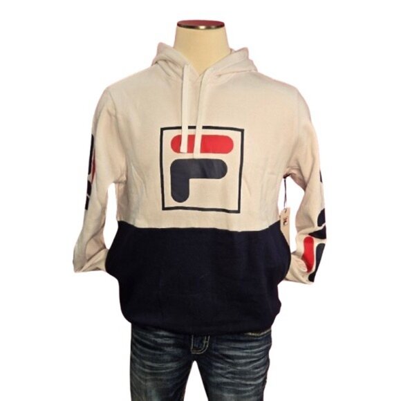 FILA Men’s Graphic Logo Hoodie – White/Navy Colorblock Pullover with Sleeve Prin - Picture 2 of 10